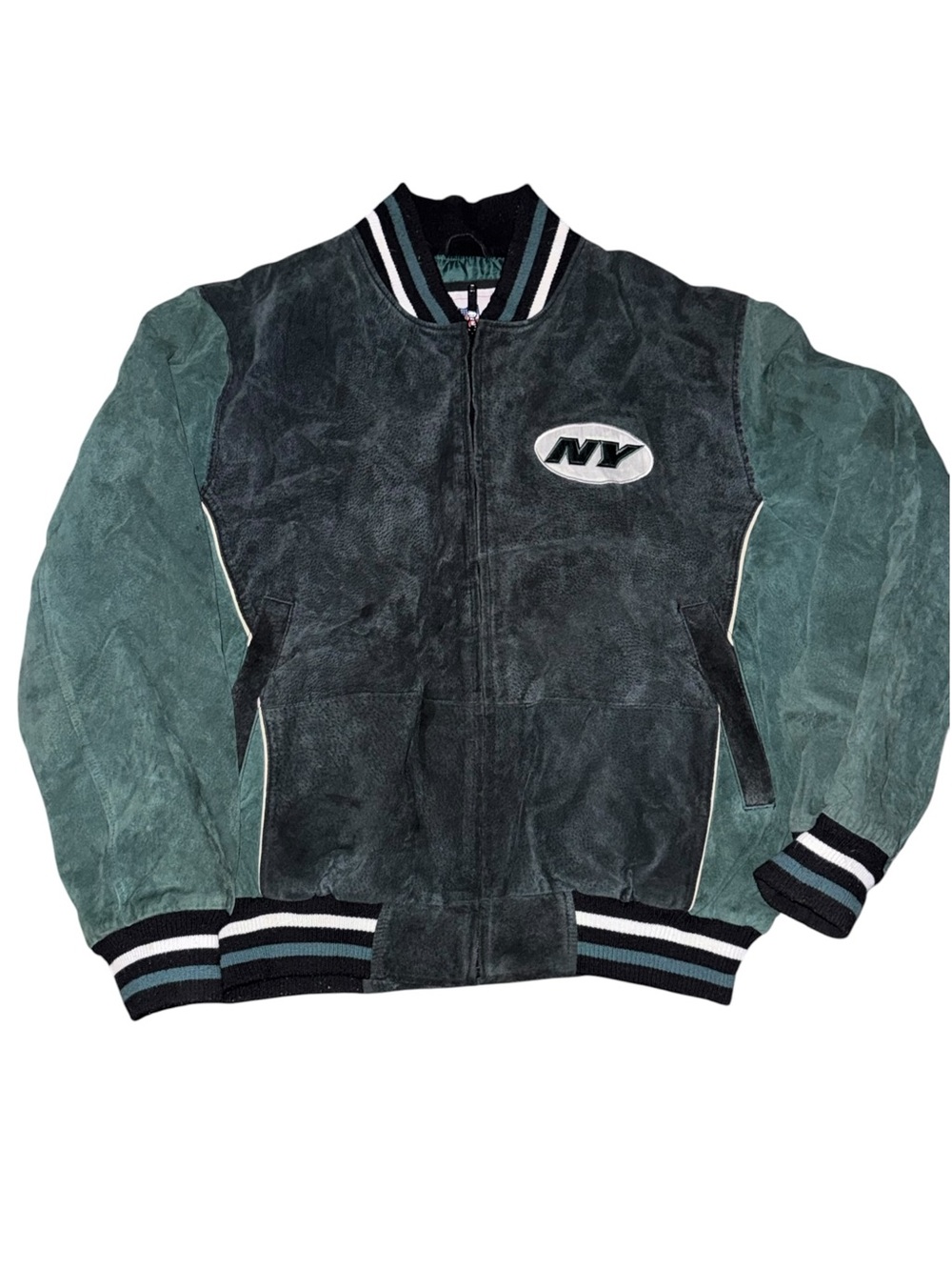 NFL NY JETS Dark Green and Teal Suede Bomber Jacket